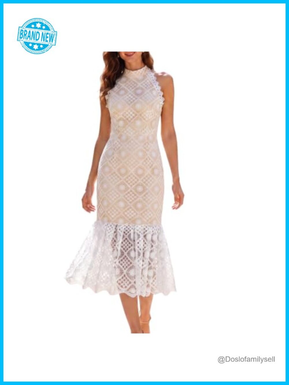 Crochet Lace Midi Dress Sleeveless Halter Mock Neck Mermaid Cocktail